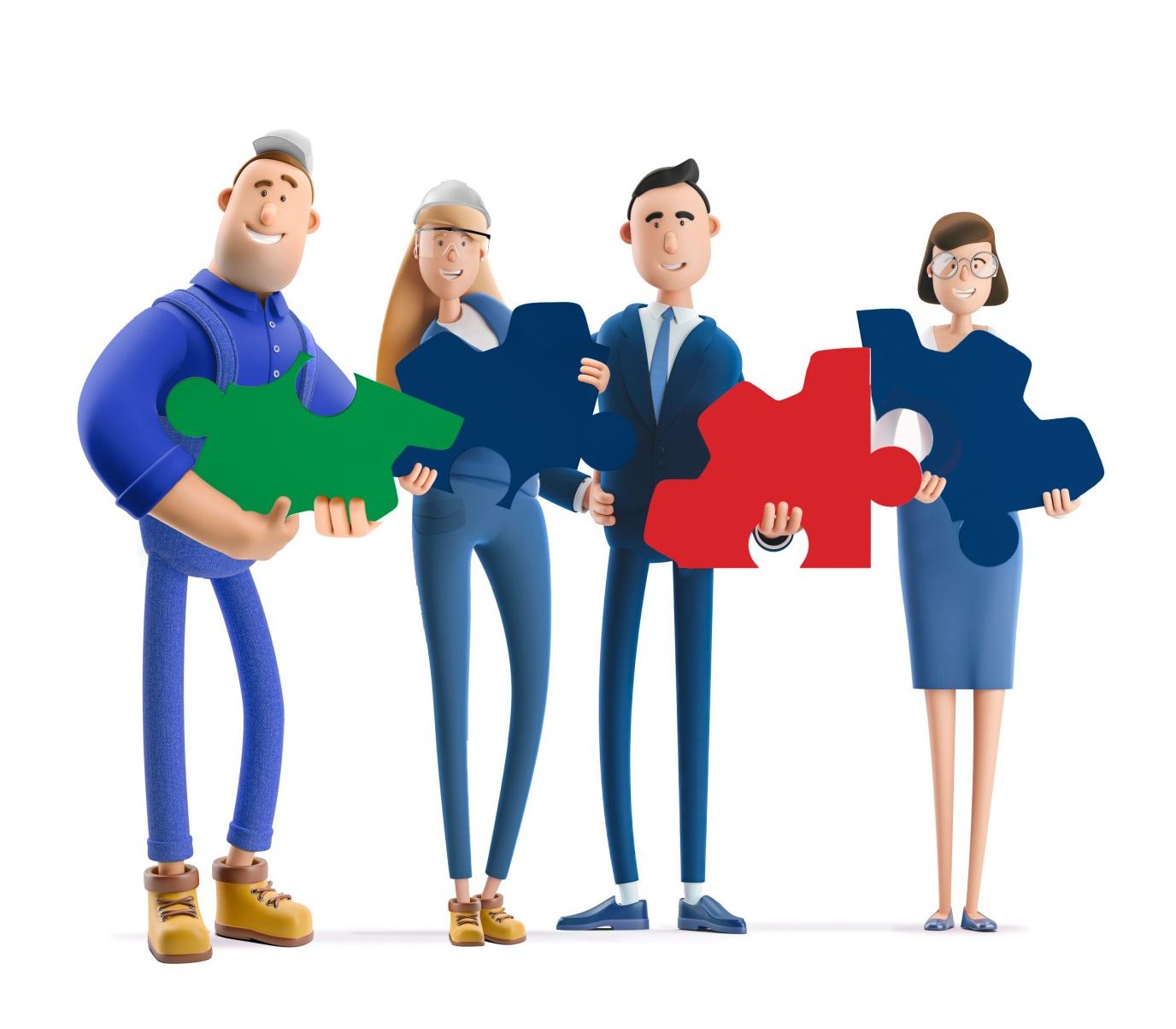 Immagine stilizzata di due uomini e due donne. Tutti hanno un pezzo di puzzle in mano 