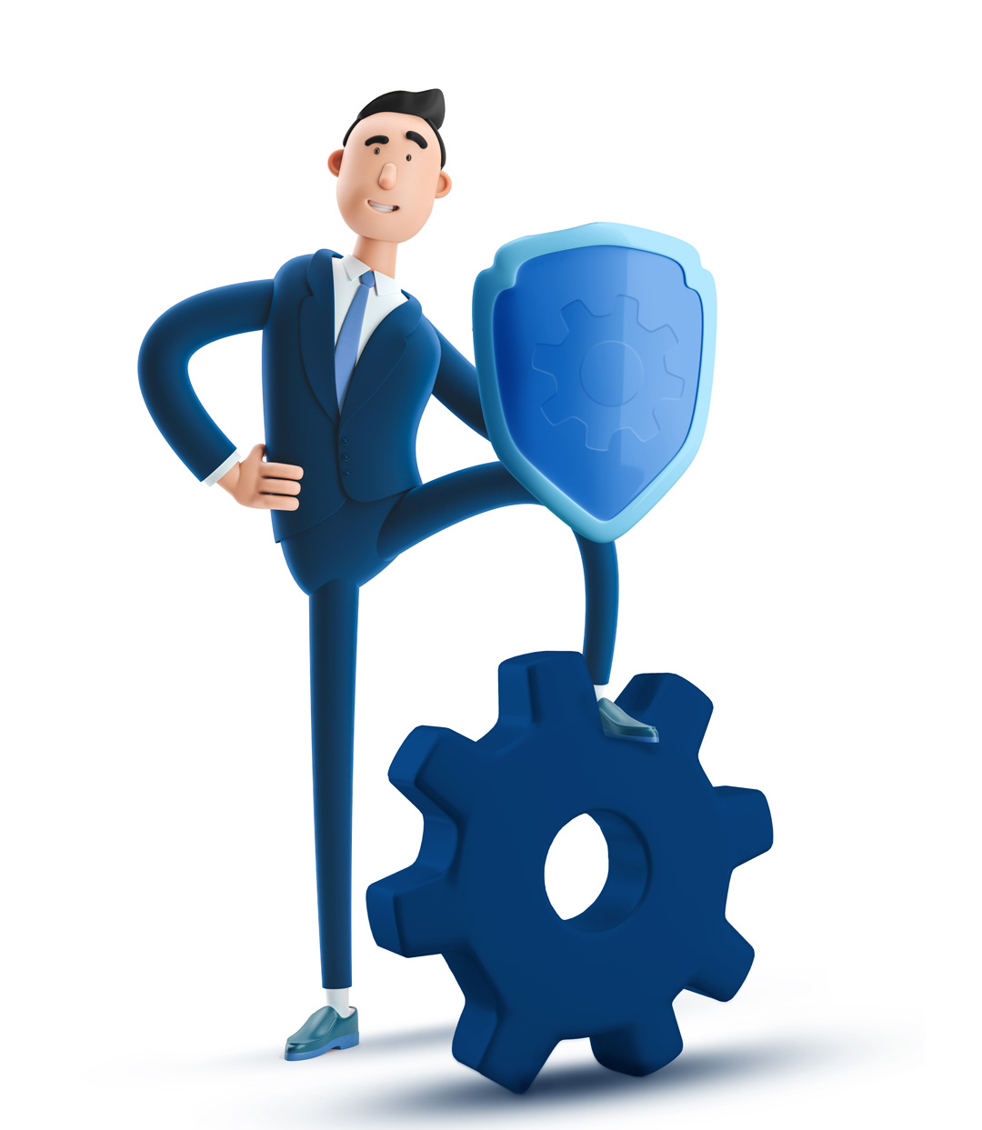 Immagine stilizzata di un uomo con un piede su un ingranaggio. In mano ha uno scudo 