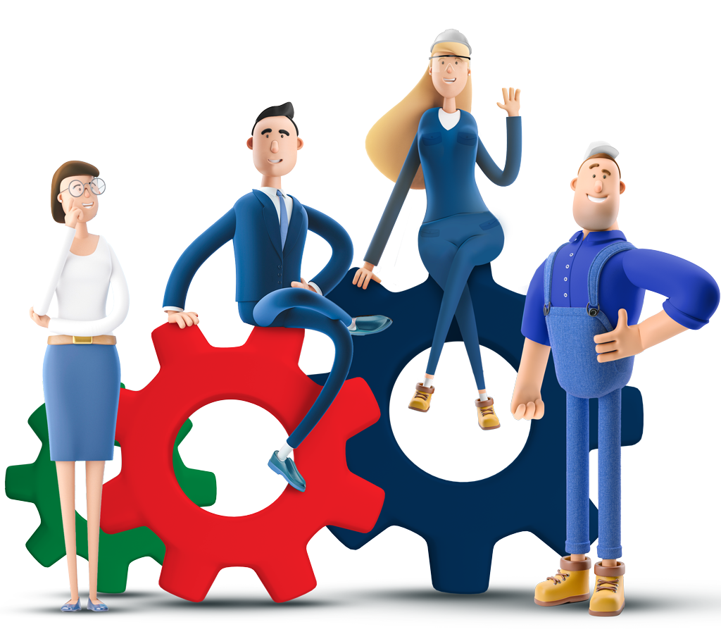 Immagine stilizzata di due uomini e due donne poggiati su degli ingranaggi