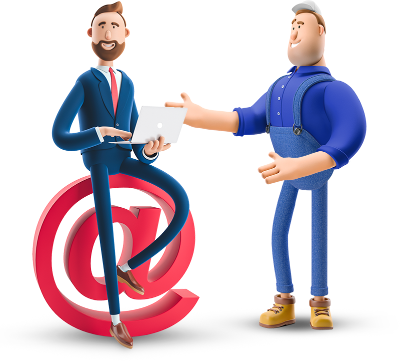 Immagine stilizzata di due uomini. Uno è seduto su una @ con un computer in mano