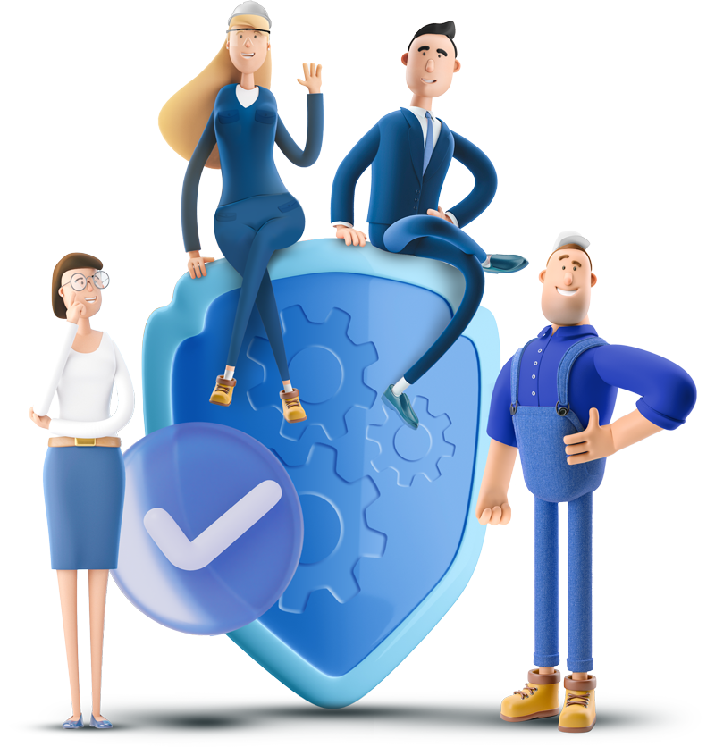 Immagine stilizzata di due uomini e due donne attorno a uno scudo