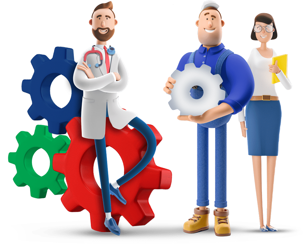 Immagine stilizzata di un dottore poggiato su degli ingranaggi, un uomo con un ingranaggio in mano e una donna con dei documenti in mano