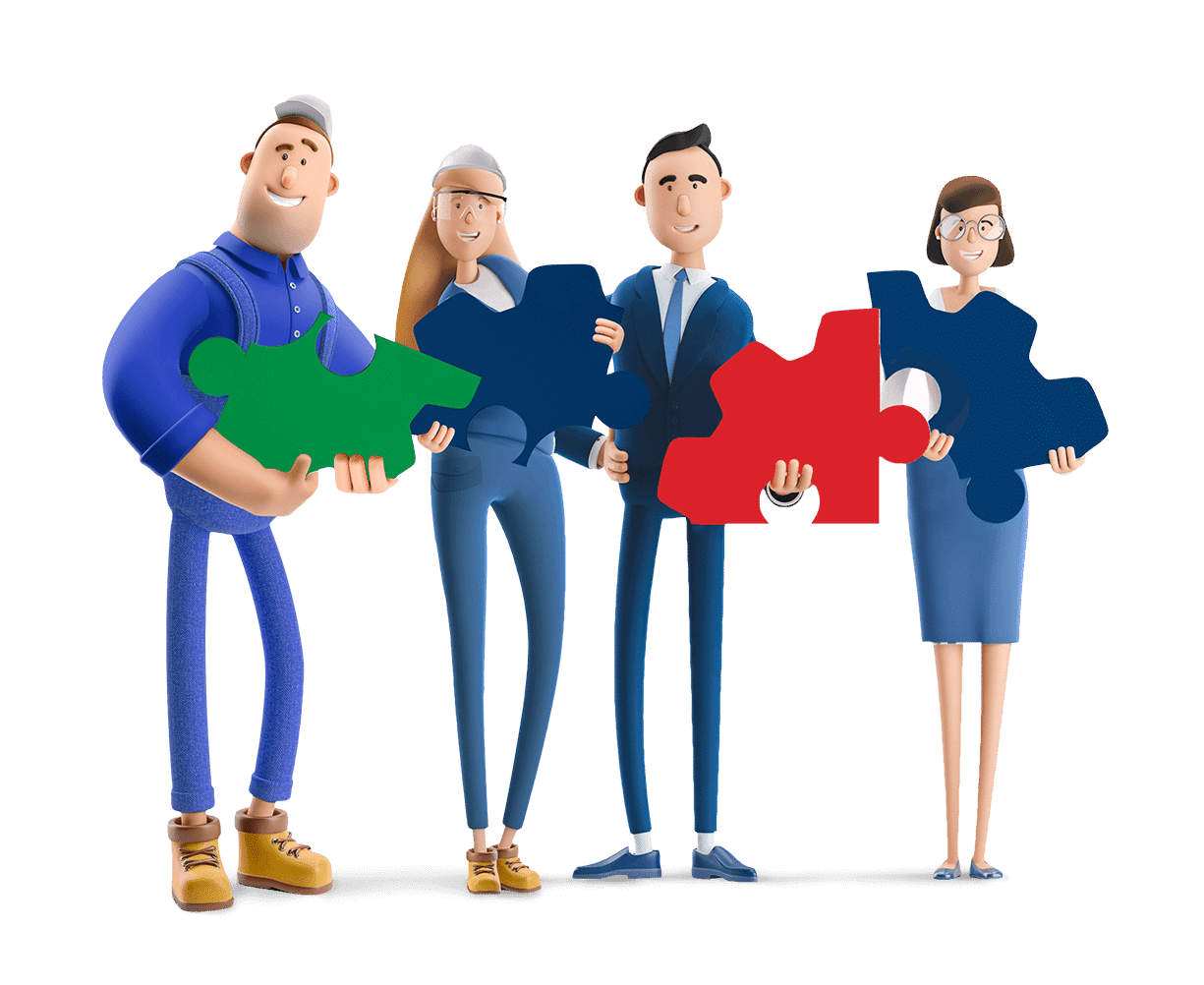 Immagine stilizzata di due uomini e due donne con dei pezzi di puzzle in mano