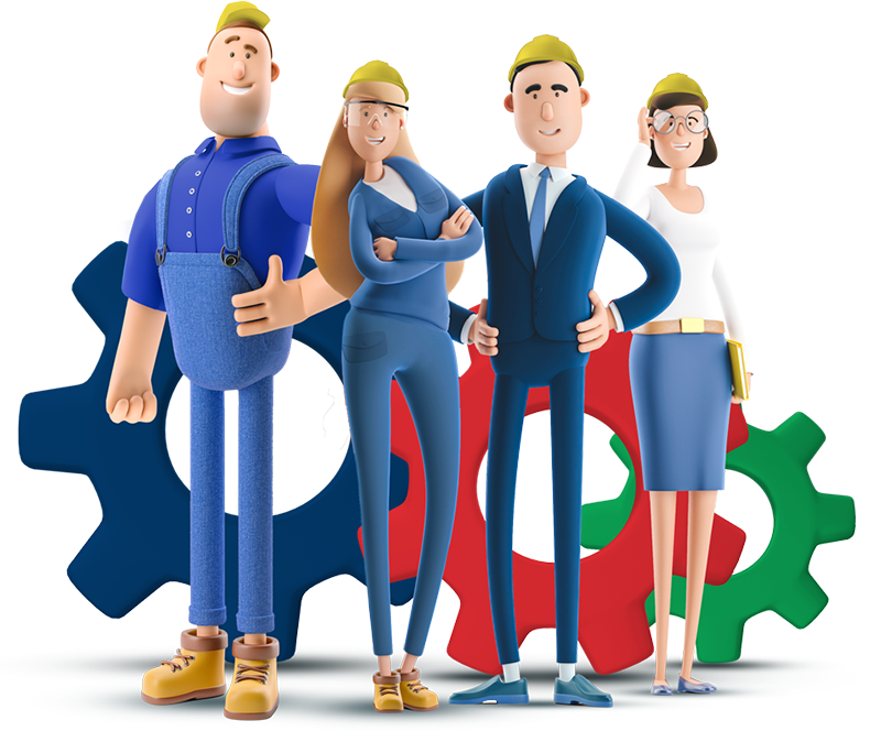 Immagine stilizzata di due uomini e due donne davanti a dei grandi ingranaggi